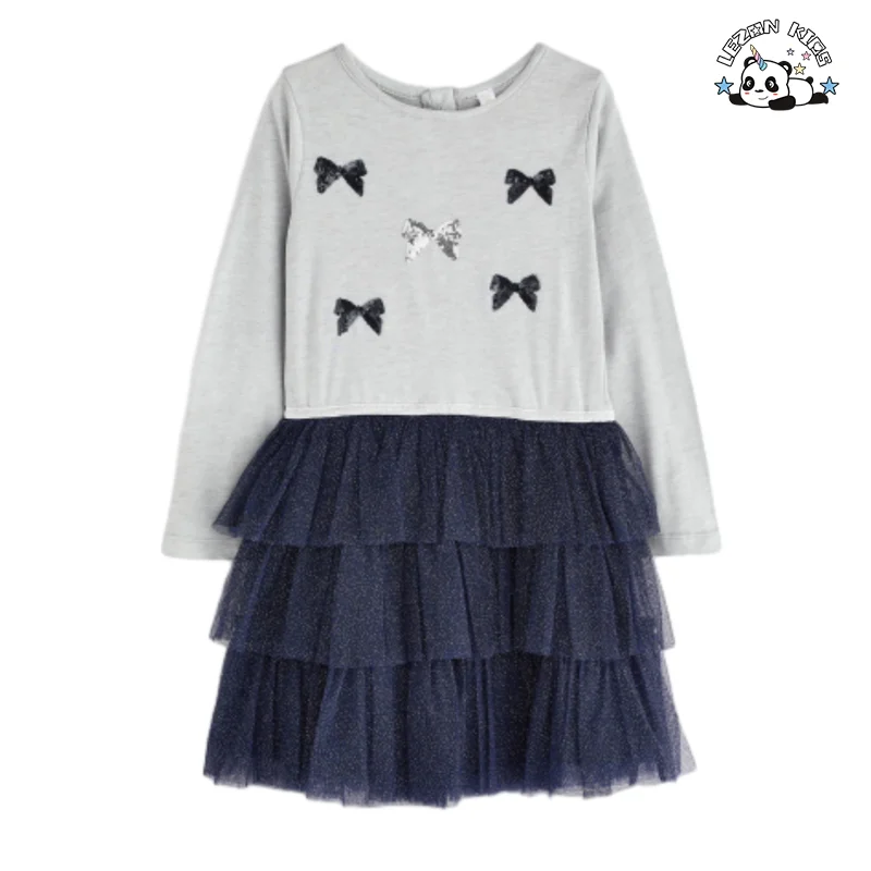 Custom Designs Sequin Embroidery Bow Bowknot Long Sleeves Tulle Dress Girls Dress - Product Image