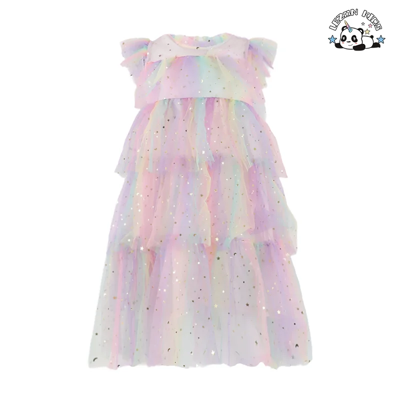 Custom Fly Sleeve Star Print Rainbow Layered Tulle Dress for Girls