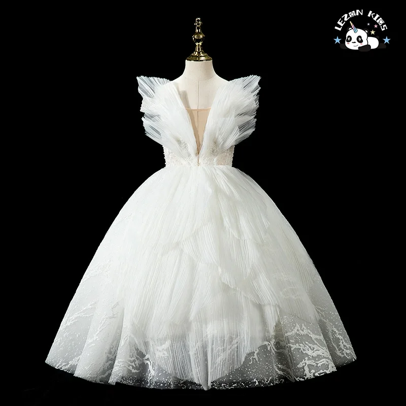 Custom Formal Prom Summer White Birthday Wedding Flower Girl Sleeveless Girls Party Dresses - Product Image