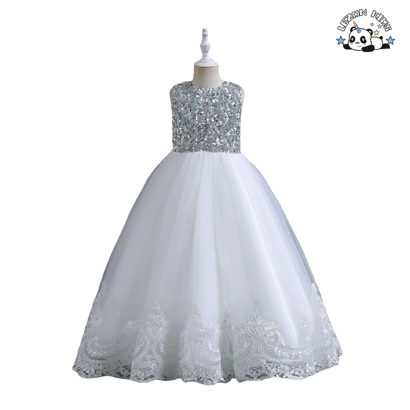 Vestido de menina personalizado para festa de aniversário, vestido de tule com lantejoulas branco, vestido de princesa para menina