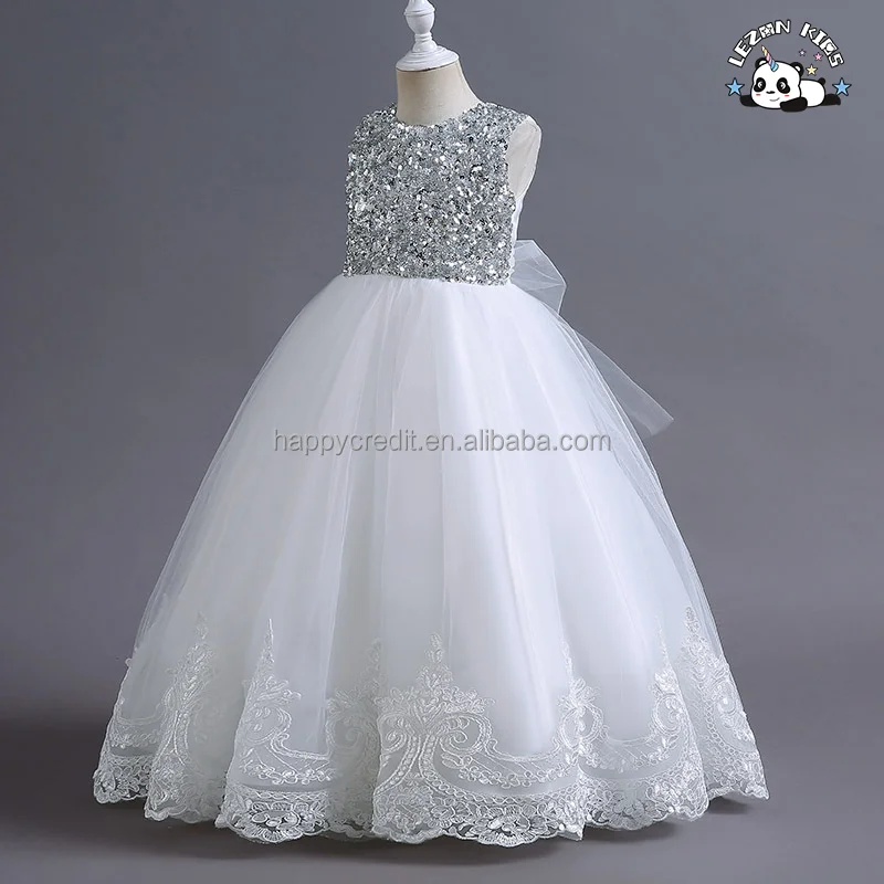 Vestido de menina personalizado para festa de aniversário, vestido de tule com lantejoulas branco, vestido de princesa para menina - Product Image