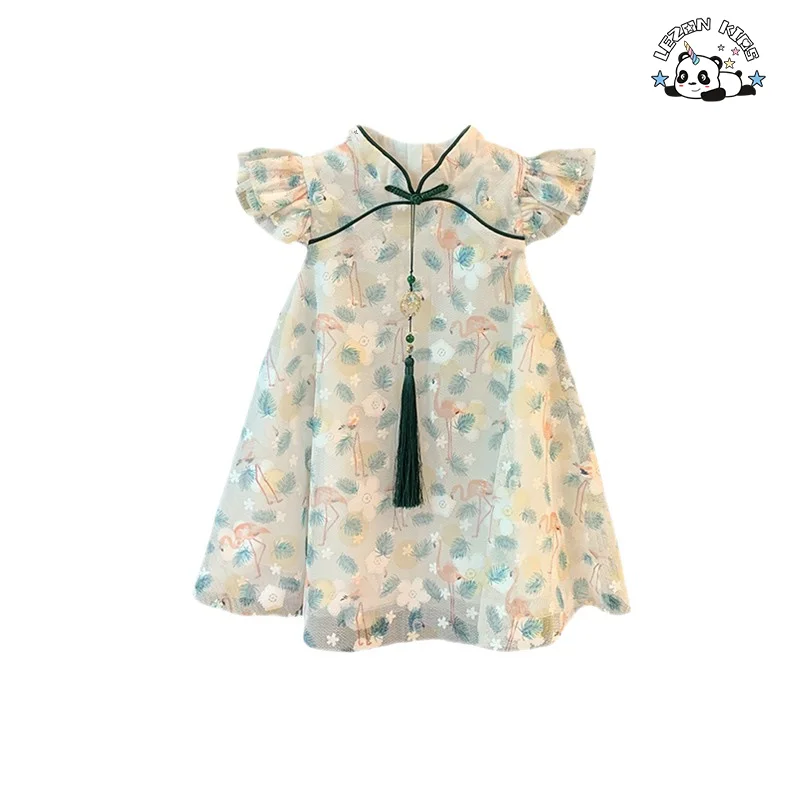Custom Girls Dress Chinese Style Cheongsam for Kids flamingo Flower Pattern Party Birthday Dress