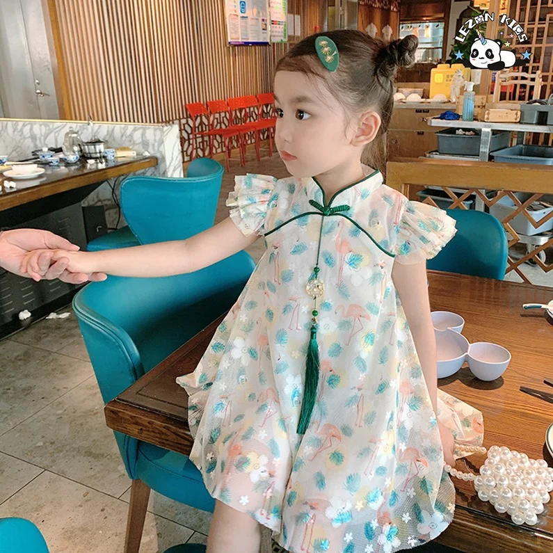 Custom Girls Dress Chinese Style Cheongsam for Kids flamingo Flower Pattern Party Birthday Dress - Product Image