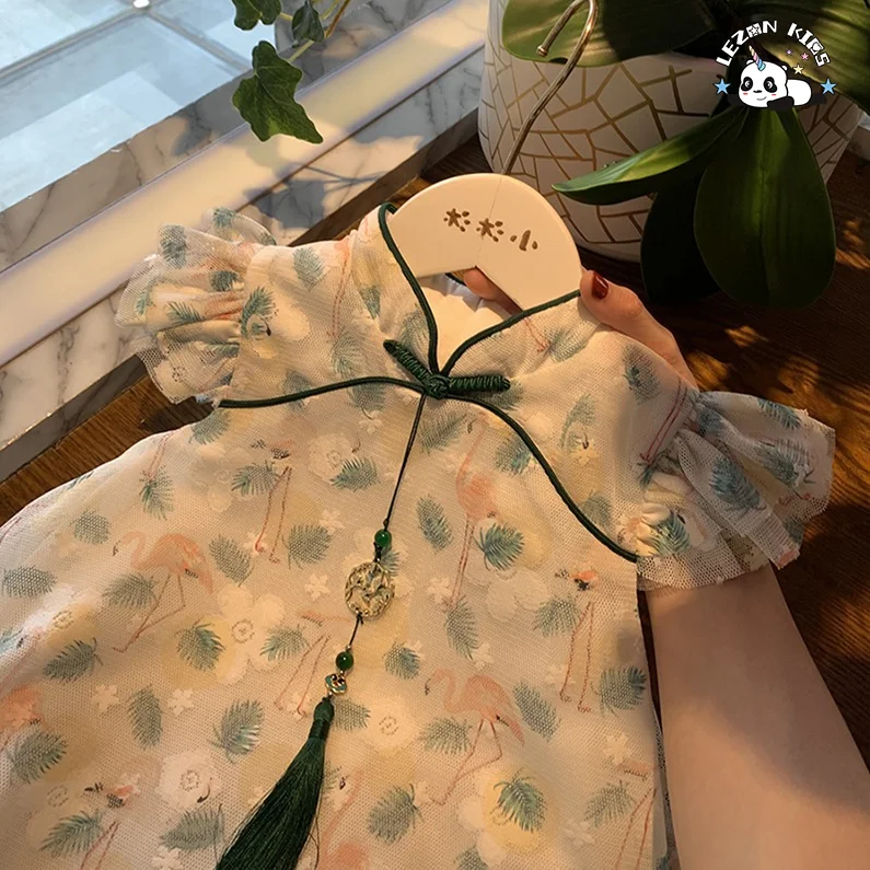 Custom Girls Dress Chinese Style Cheongsam for Kids flamingo Flower Pattern Party Birthday Dress - Product Image