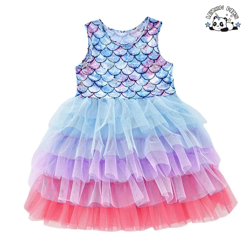 Custom Girls' Casual Mermaid Tutu Dress Layered Floral Print Lace Decor Formal Sweet Summer Outfit for Kids