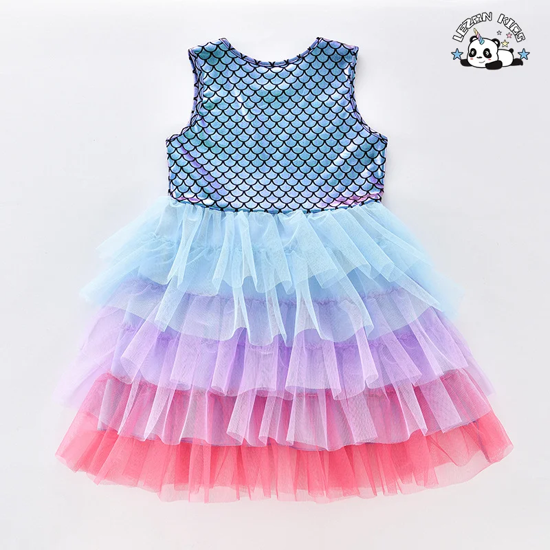 Custom Girls' Casual Mermaid Tutu Dress Layered Floral Print Lace Decor Formal Sweet Summer Outfit for Kids - Product Image