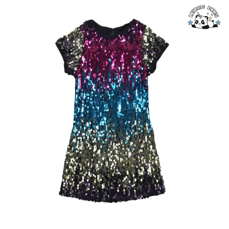 Custom Gradient Sequin Dress Kids Round Neck Ball Gown Fancy Layered Design Girls Dress