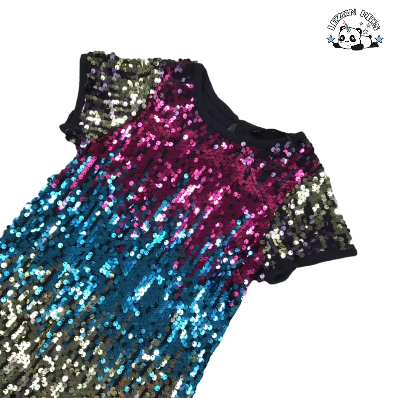 Custom Gradient Sequin Dress Kids Round Neck Ball Gown Fancy Layered Design Girls Dress - Product Image