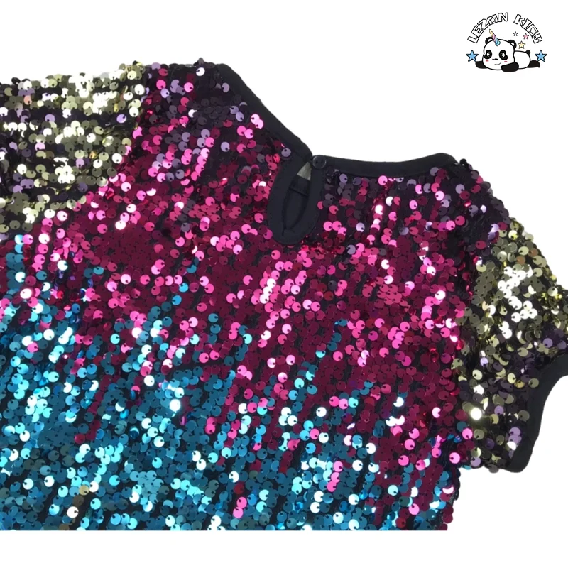 Custom Gradient Sequin Dress Kids Round Neck Ball Gown Fancy Layered Design Girls Dress - Product Image