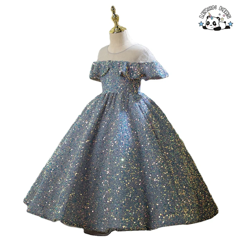 Custom High-end Girls Tweed Dress Temperament Formal Wear Sequined Kids Evening Dress - Product Image
