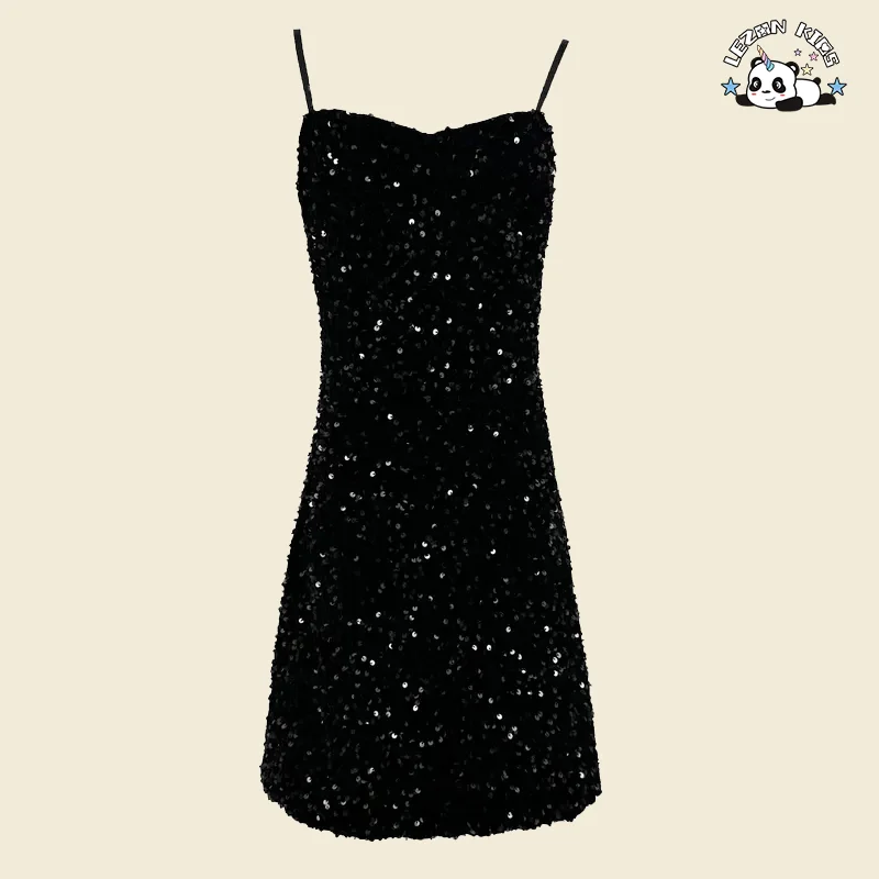 Custom Kids Girls Fashion Clothes Black Sequins Dress Girls Sling Dress