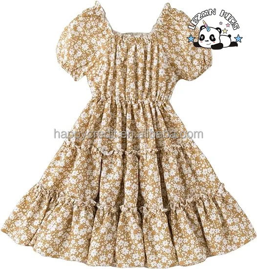 Custom Logo Designed Floral Print Puff Sleeve Square Neck Mini a Line Dress 2-14years for Girls