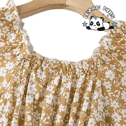 Custom Logo Designed Floral Print Puff Sleeve Square Neck Mini a Line Dress 2-14years for Girls - Product Image