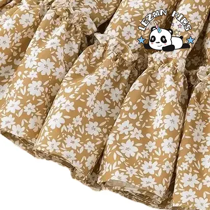 Custom Logo Designed Floral Print Puff Sleeve Square Neck Mini a Line Dress 2-14years for Girls - Product Image