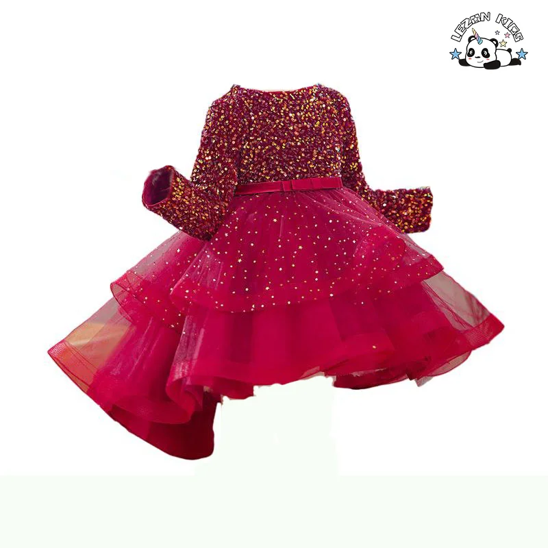 Custom Long Sleeved Trailing Sequins Mesh Poncho Girls Evening Dresses for Party Wear - Product Image