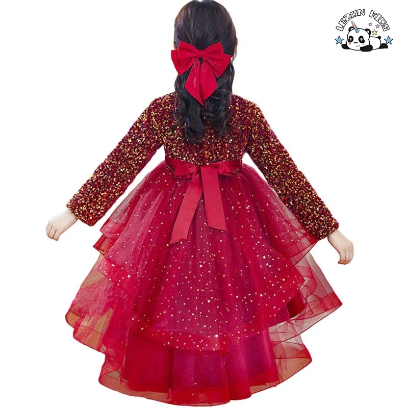 Custom Long Sleeved Trailing Sequins Mesh Poncho Girls Evening Dresses for Party Wear - Product Image