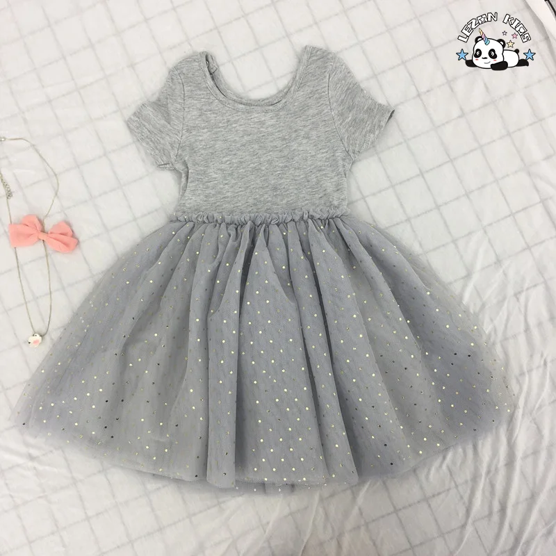 Custom MOQ 100pcs Grey Cotton Short Sleeve 4 Layers Tulle Dress Girls Swan Dots Foil Print Dress - Product Image