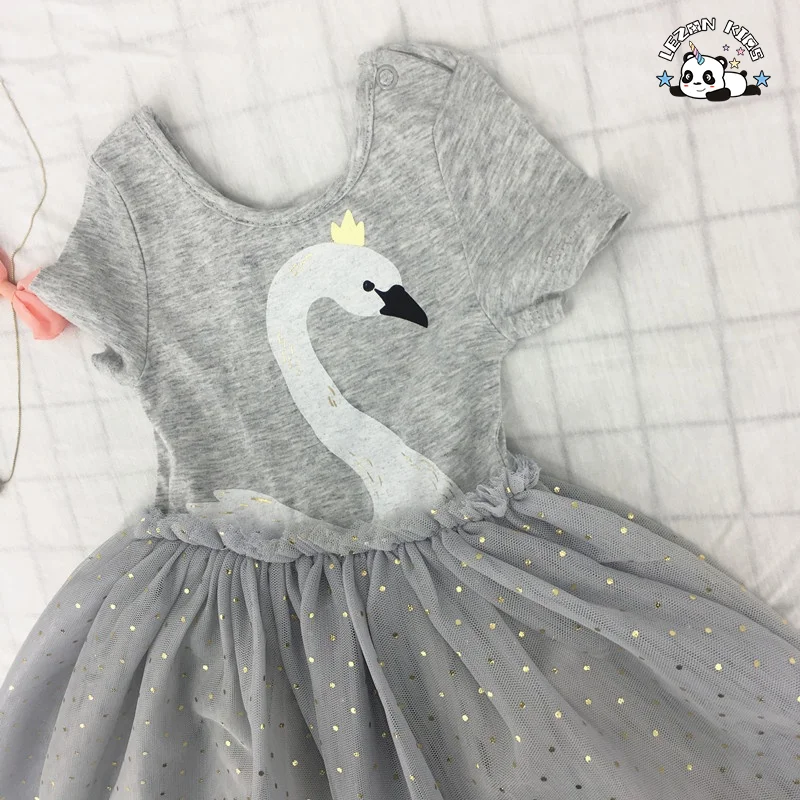 Custom MOQ 100pcs Grey Cotton Short Sleeve 4 Layers Tulle Dress Girls Swan Dots Foil Print Dress - Product Image
