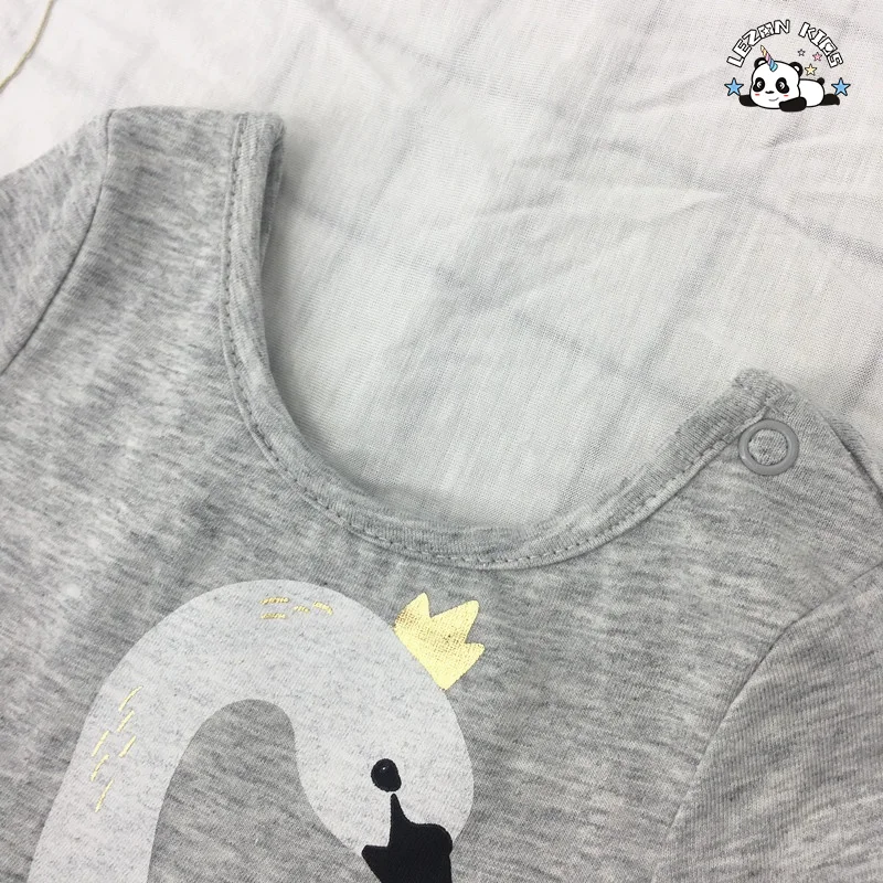 Custom MOQ 100pcs Grey Cotton Short Sleeve 4 Layers Tulle Dress Girls Swan Dots Foil Print Dress - Product Image