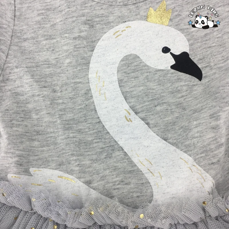 Custom MOQ 100pcs Grey Cotton Short Sleeve 4 Layers Tulle Dress Girls Swan Dots Foil Print Dress - Product Image