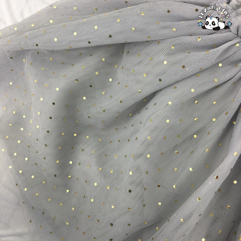 Custom MOQ 100pcs Grey Cotton Short Sleeve 4 Layers Tulle Dress Girls Swan Dots Foil Print Dress - Product Image
