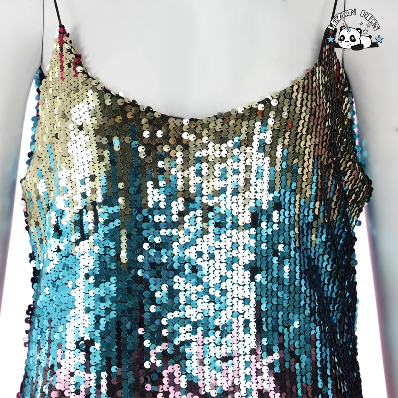 Vestido feminino curto com decote em V e costas abertas com lantejoulas e cor gradiente de novo estilo personalizado - Product Image
