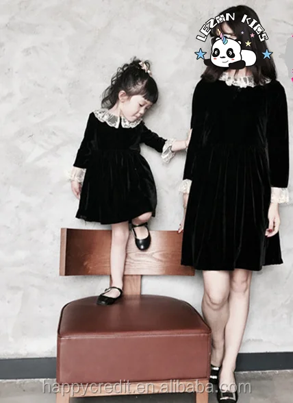 Custom Parents Child Clothing Outfits Lace Collar Cuffs Silk Velvet Dress Mommy and Me - Product Image