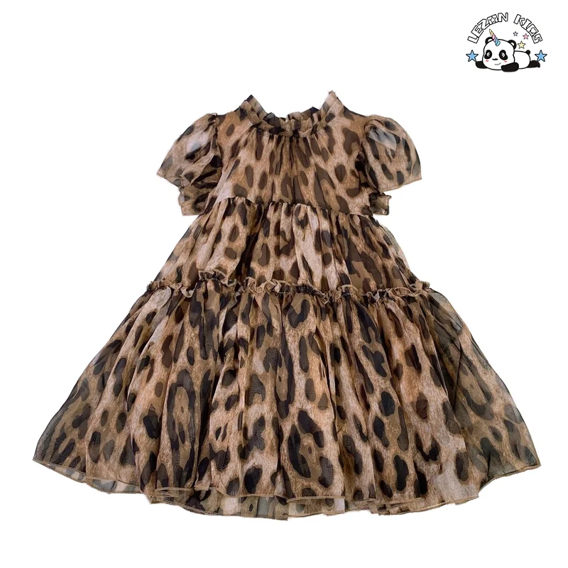 Custom Princess Puff Sleeve Brown Leopard Twirl Tutu 2-12 Years Long Cotton Short Sleeve Breathable Soft Girls Dress
