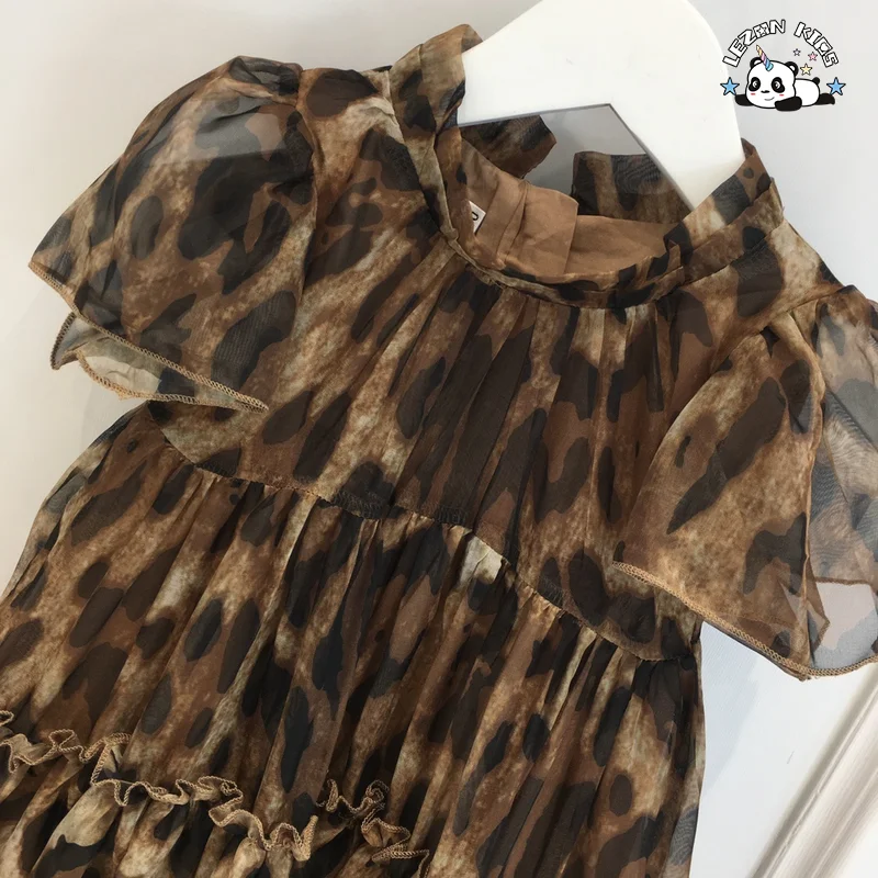 Custom Princess Puff Sleeve Brown Leopard Twirl Tutu 2-12 Years Long Cotton Short Sleeve Breathable Soft Girls Dress - Product Image