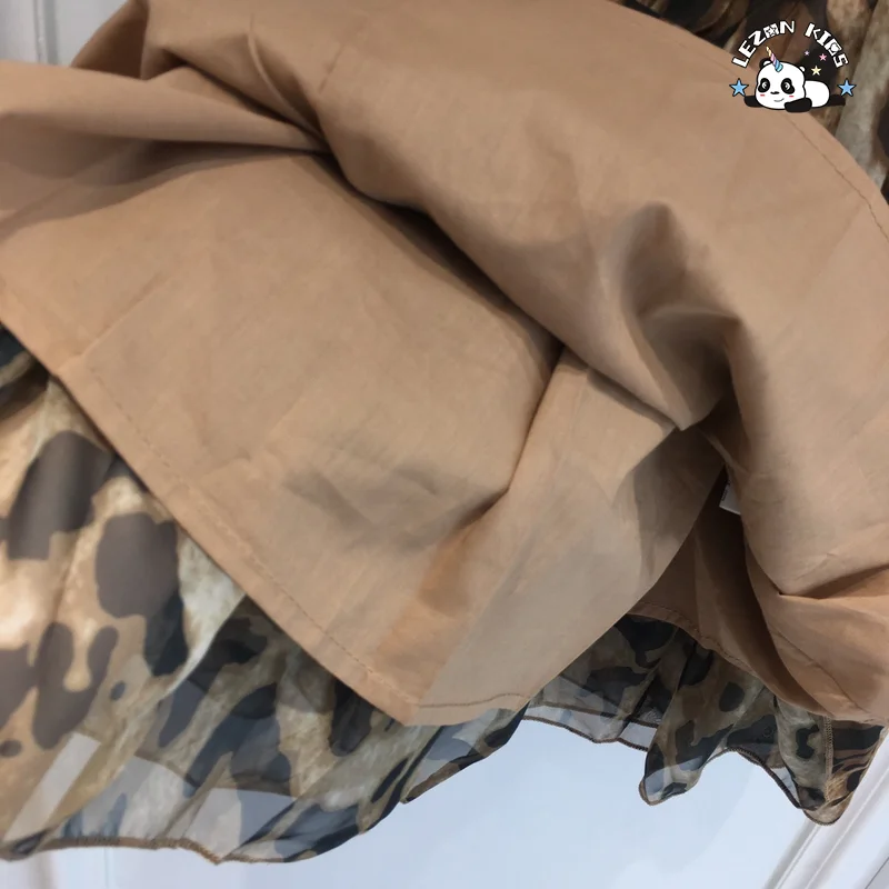 Custom Princess Puff Sleeve Brown Leopard Twirl Tutu 2-12 Years Long Cotton Short Sleeve Breathable Soft Girls Dress - Product Image