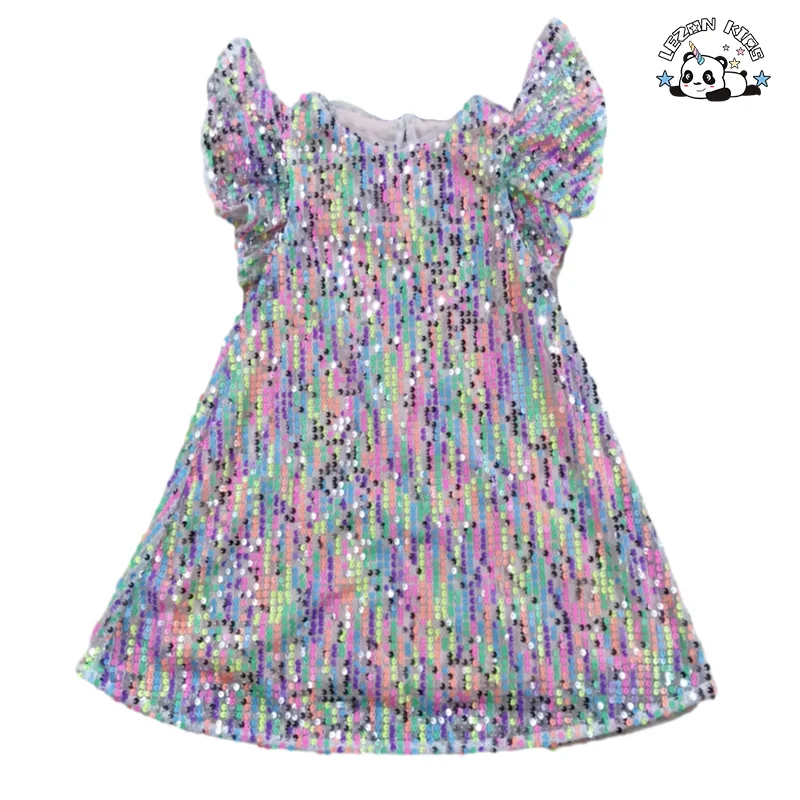 Custom Sequined Dress Girls Ruffle Sleeves Colorful Sequin Party Dress