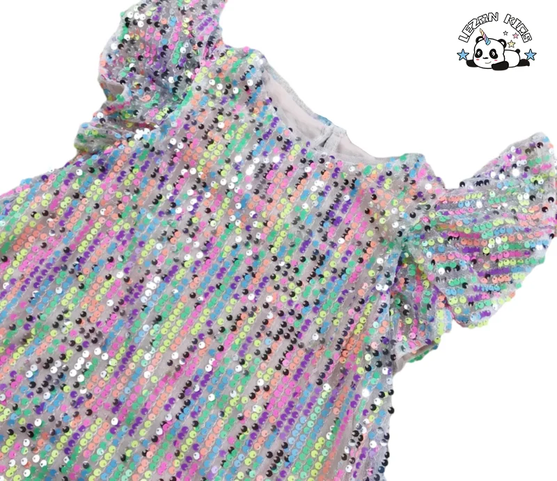 Custom Sequined Dress Girls Ruffle Sleeves Colorful Sequin Party Dress - Product Image