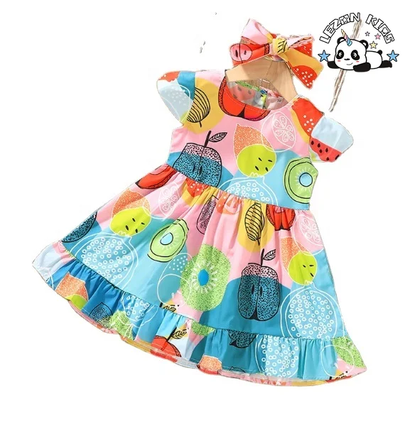 Custom Summer Kids Clothing Fruit Print Casual Dress Girls Breathable Knee-Length Mini Design School Party Toddlers Dress