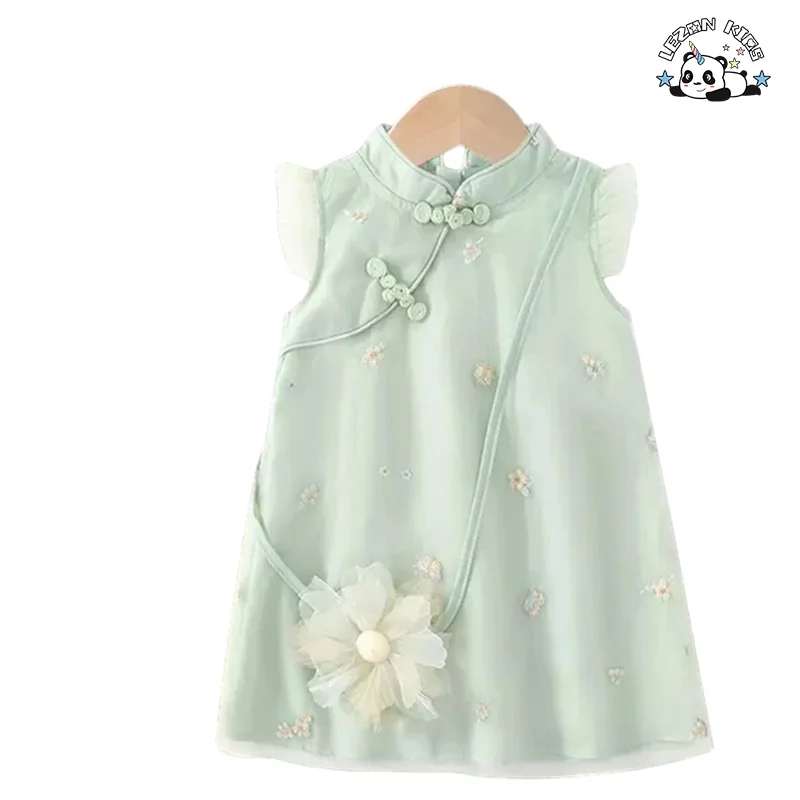 Custom Summer Tulle Cheongsam Casual Dresses for Kids Girls