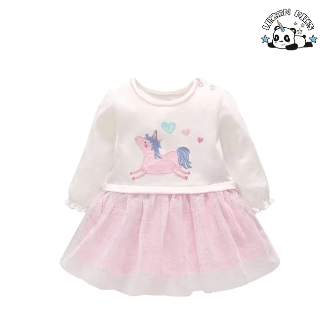 Custom Sweet Kids Clothing Pink Double Layer Tulle Unicorn Embroidery Baby Girl Dress