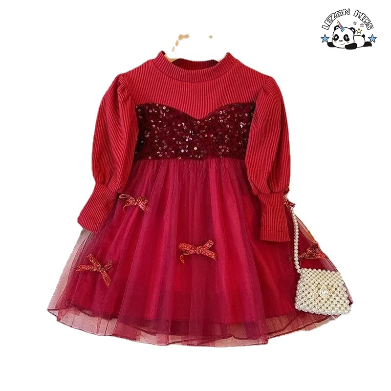 Customizable Autumn Girls' Dress Pit Cloth Long-Sleeved Bow Sequin Shaggy Mesh Gauze Princess Dress