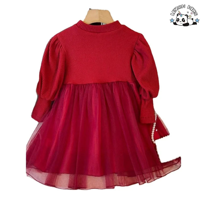 Customizable Autumn Girls' Dress Pit Cloth Long-Sleeved Bow Sequin Shaggy Mesh Gauze Princess Dress - Product Image