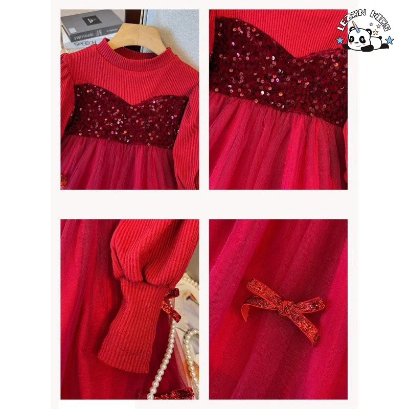 Customizable Autumn Girls' Dress Pit Cloth Long-Sleeved Bow Sequin Shaggy Mesh Gauze Princess Dress - Product Image