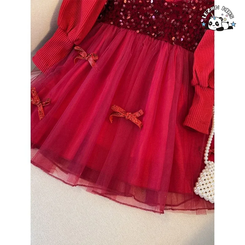 Customizable Autumn Girls' Dress Pit Cloth Long-Sleeved Bow Sequin Shaggy Mesh Gauze Princess Dress - Product Image