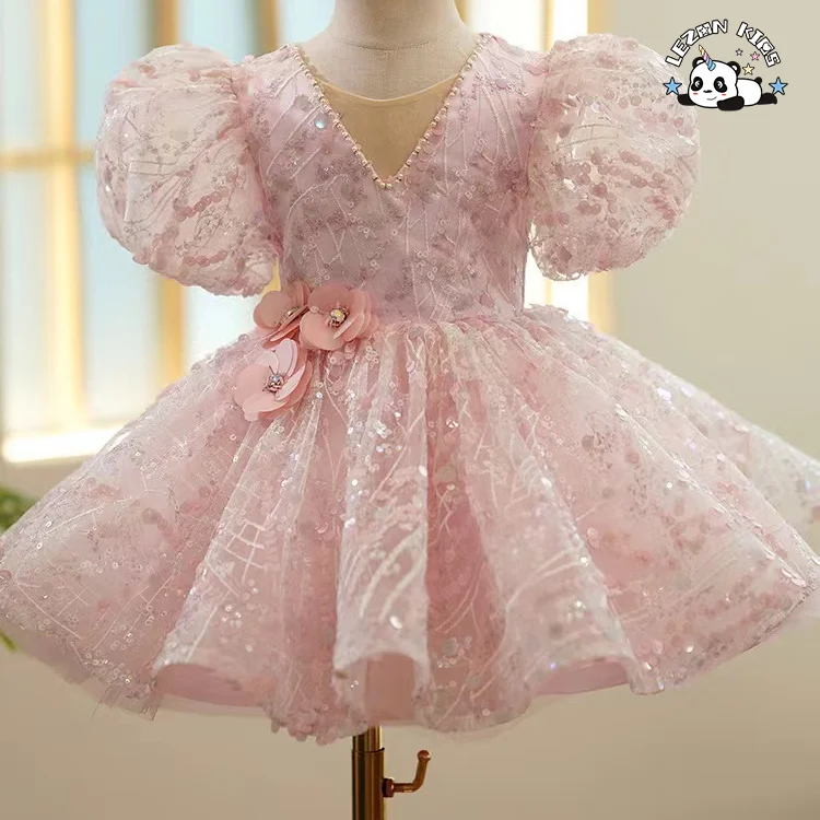 Vestido de Princesa de Aniversário Personalizável  Vestido de Noiva Banquete Menina Vestido de Aniversário Pérola Lantejoulas Tutu Festa