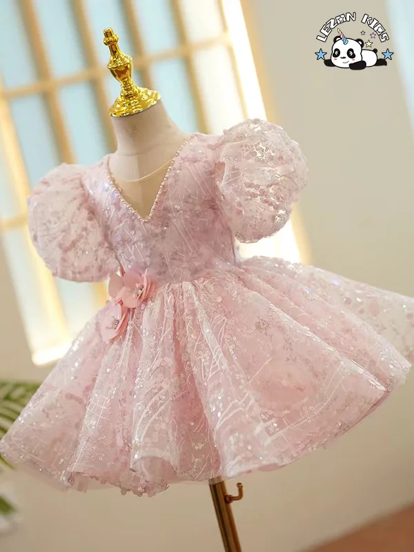 Vestido de Princesa de Aniversário Personalizável Vestido de Noiva Banquete Menina Vestido de Aniversário Pérola Lantejoulas Tutu Festa - Product Image