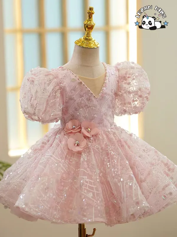 Vestido de Princesa de Aniversário Personalizável Vestido de Noiva Banquete Menina Vestido de Aniversário Pérola Lantejoulas Tutu Festa - Product Image