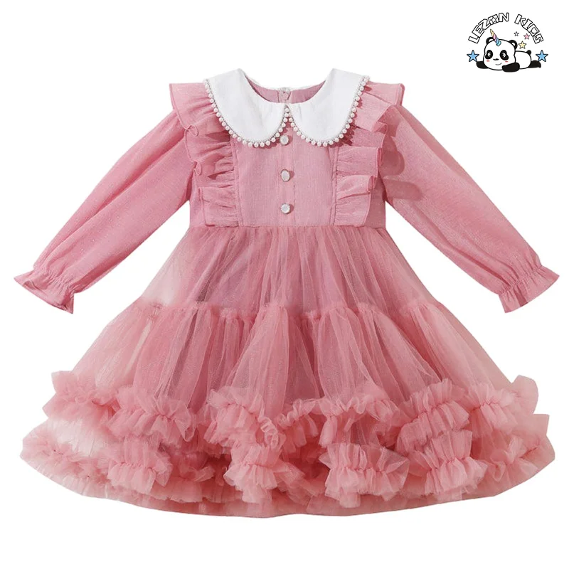 Vestidos de tule personalizáveis com mangas compridas e laço para aniversário das princesas meninas