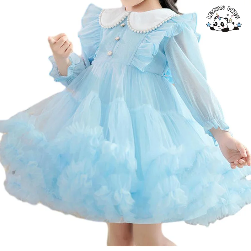 Vestidos de tule personalizáveis com mangas compridas e laço para aniversário das princesas meninas - Product Image