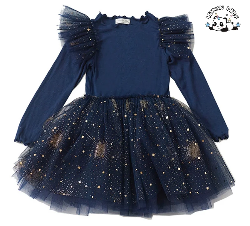 Customizable Chic Ruffle Sleeve Long Sleeves Dress Girls Costume Gold Foil Print Tulle Dress for Girl