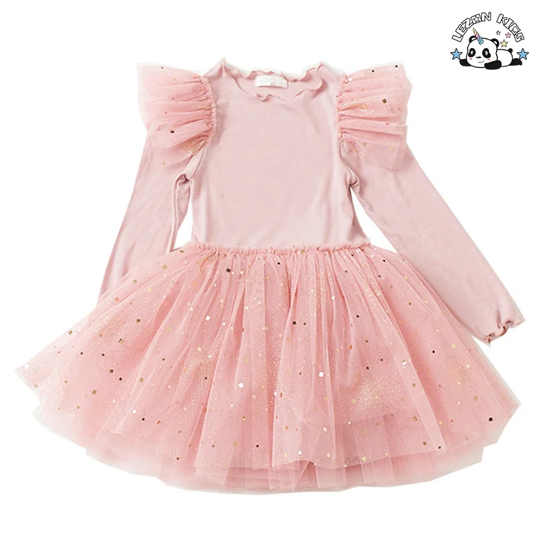 Customizable Chic Ruffle Sleeve Long Sleeves Dress Girls Costume Gold Foil Print Tulle Dress for Girl - Product Image