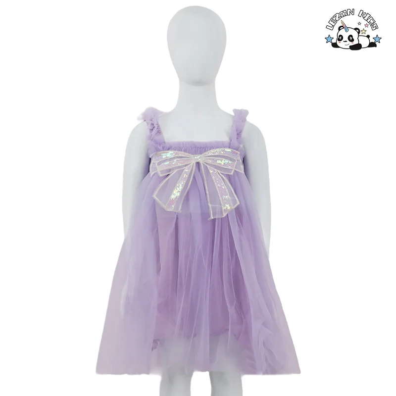 Customizable Cute Girl Clothing Kids Summer Sling Strapped Dress With Bow Girls Dress for Summer