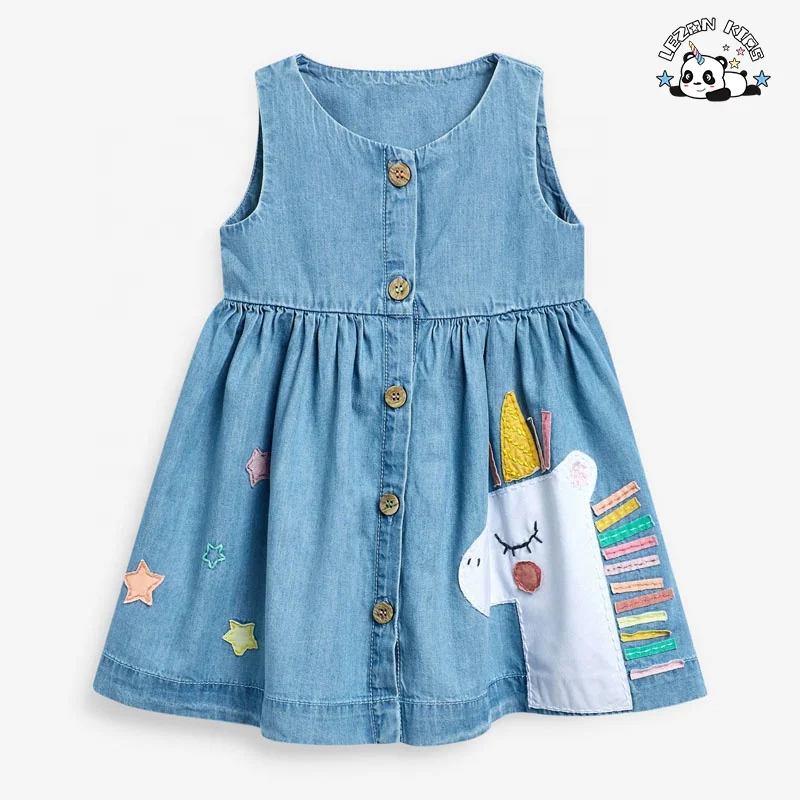 Customizable Denim Frocks Girls 2-14 Years O-Neck Western Style Unicorn Print Button Decoration Girls Dress