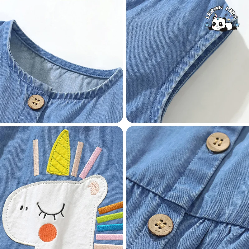 Customizable Denim Frocks Girls 2-14 Years O-Neck Western Style Unicorn Print Button Decoration Girls Dress - Product Image