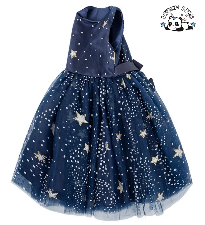 Customizable Designer Children's Clothing Golden Printed Sleeveless Girls Dress for School Performance - Product Image